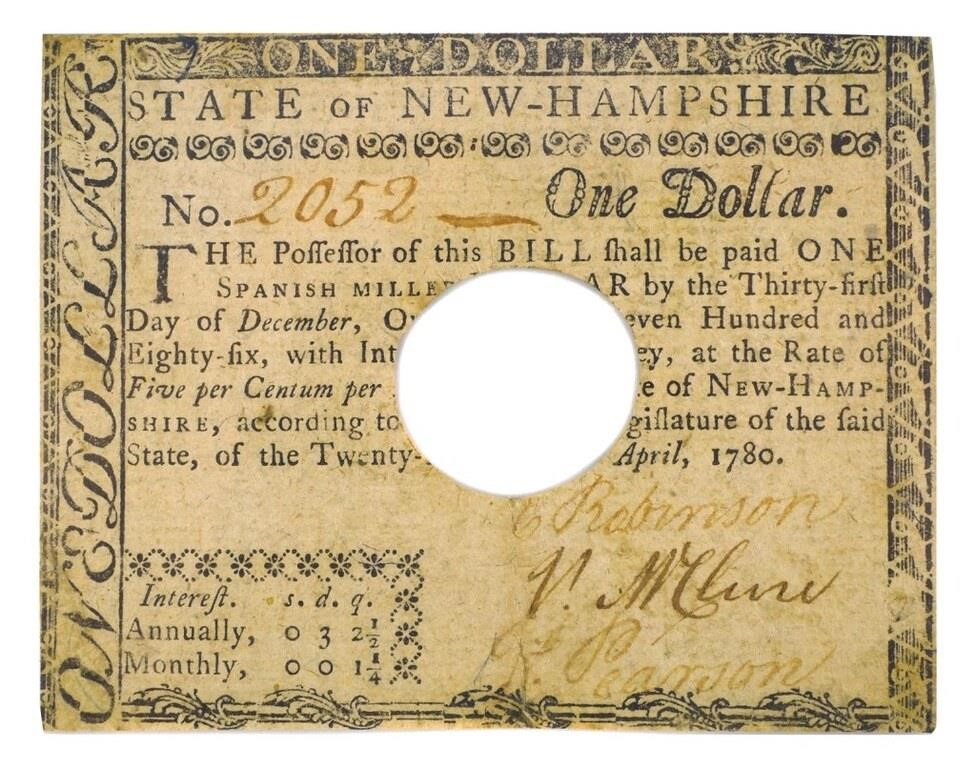 1780 NEW HAMPSHIRE COLONIAL $1 NOTE,