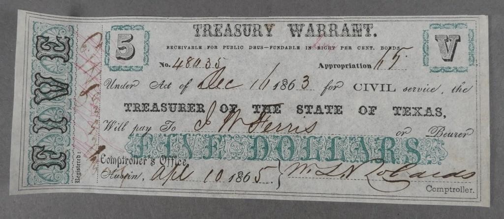 1863 CIVIL WAR TEXAS TREASURY WARRANTOriginal