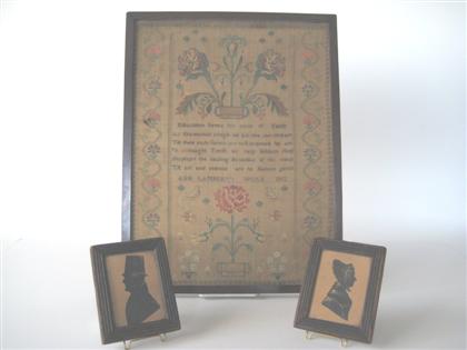 Needlework sampler and two silhouettes