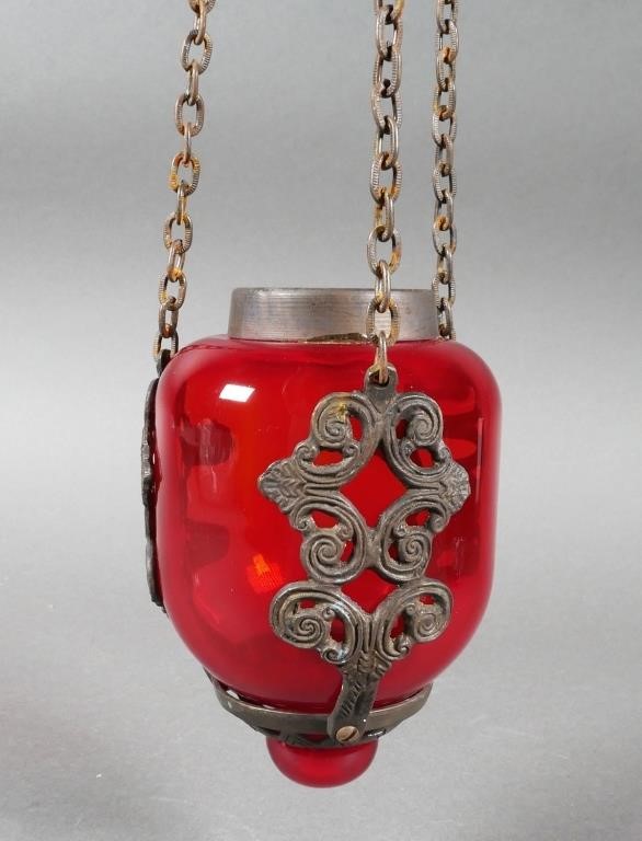 ANTIQUE HANGING GLASS OIL LAMPRuby