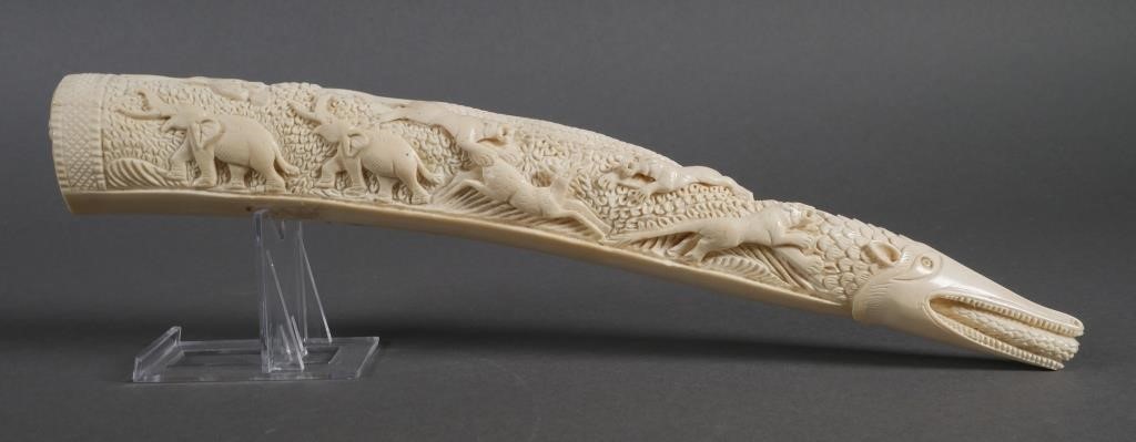 ANTIQUE AFRICAN IVORY CARVED TUSKAfrican