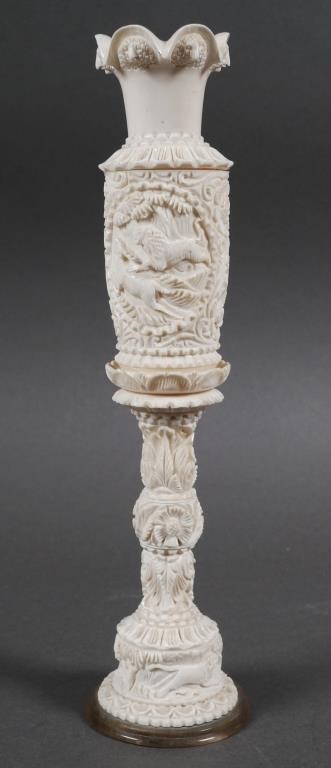 CHINESE CARVED IVORY HUNT SCENE VASEDensely