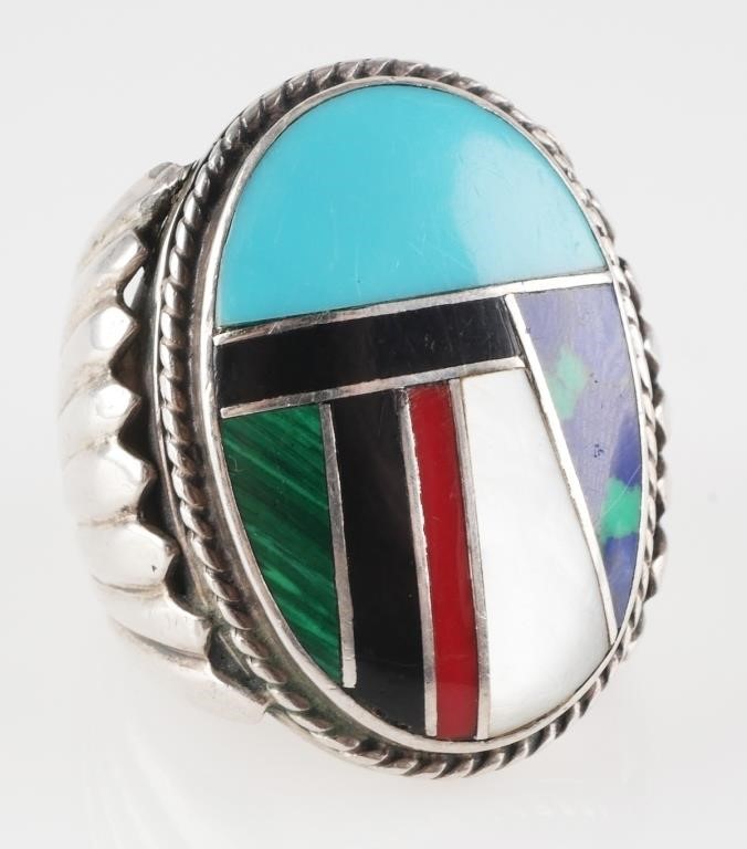 LARGE ZUNI MENS RING INLAID STERLING 2fde6f