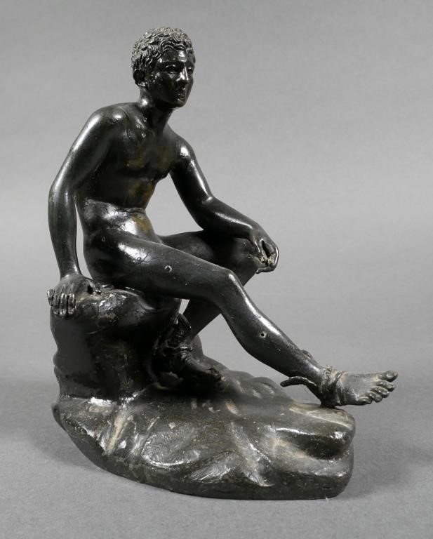 BRONZE STATUE OF NUDE MAN SEATED