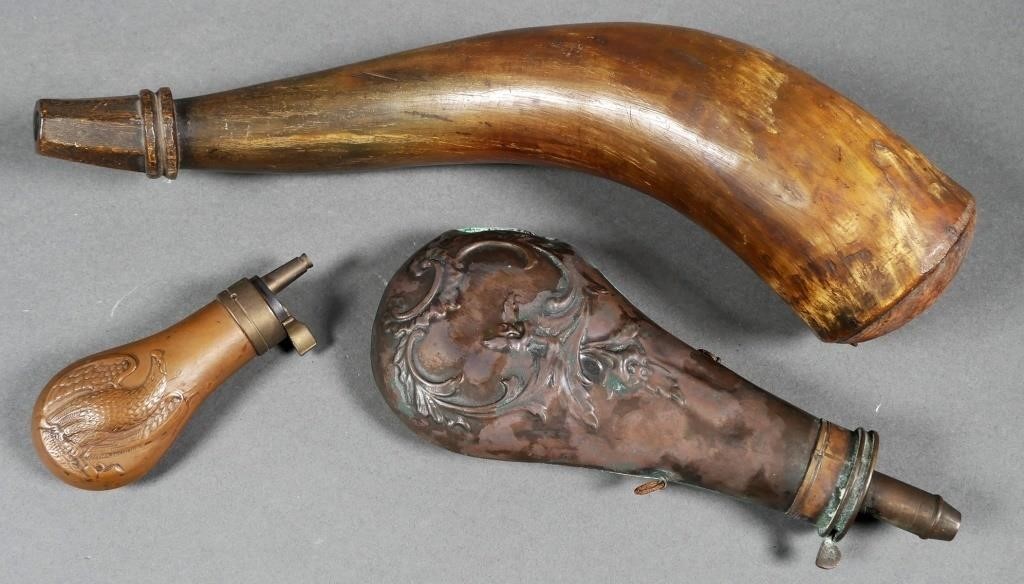 (3) BLACK POWDER HORN FLASKS, ANTIQUE19th