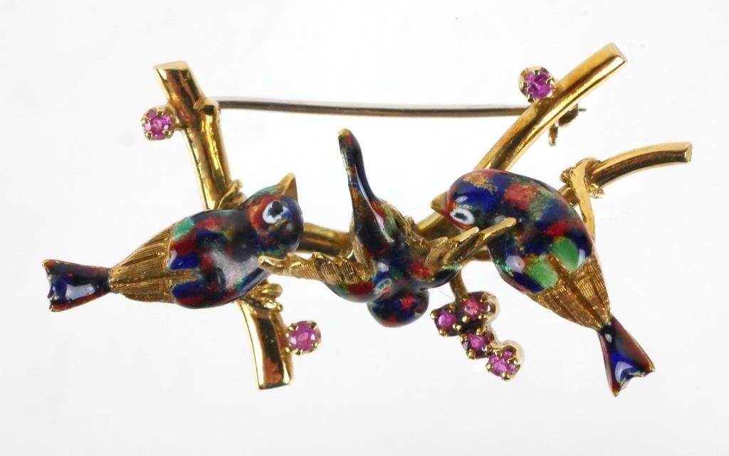 18K GOLD ENAMEL RUBY FIGURAL BROOCHModelled