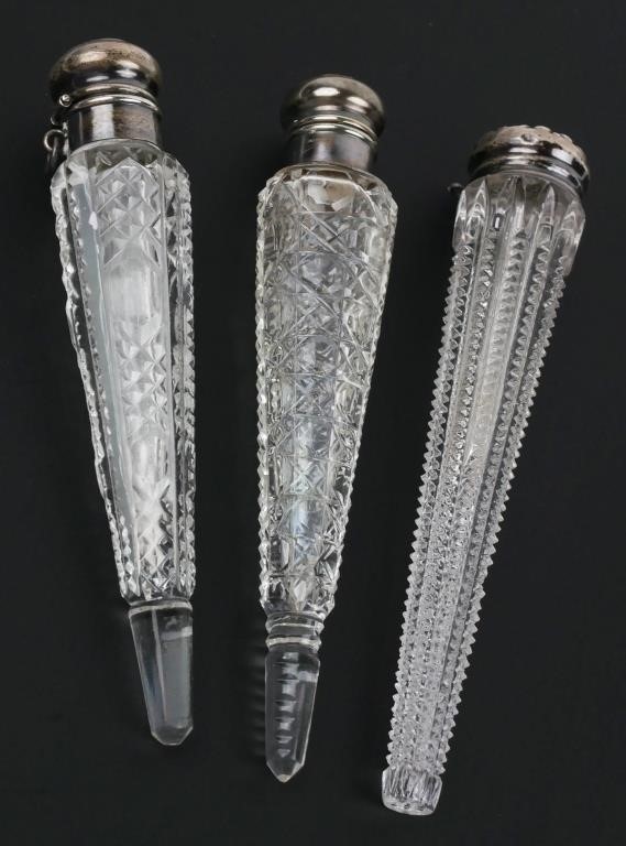 ANTIQUE LAY-DOWN STERLING GLASS BOTTLESThree