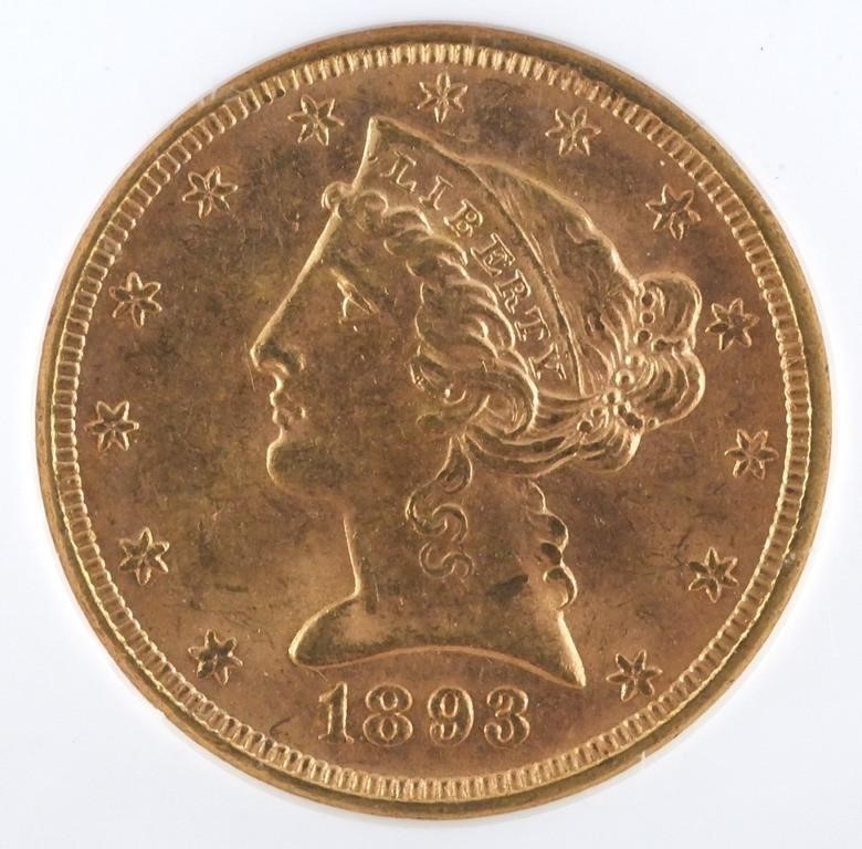 US 1893 $5 GOLD HALF EAGLE NGC