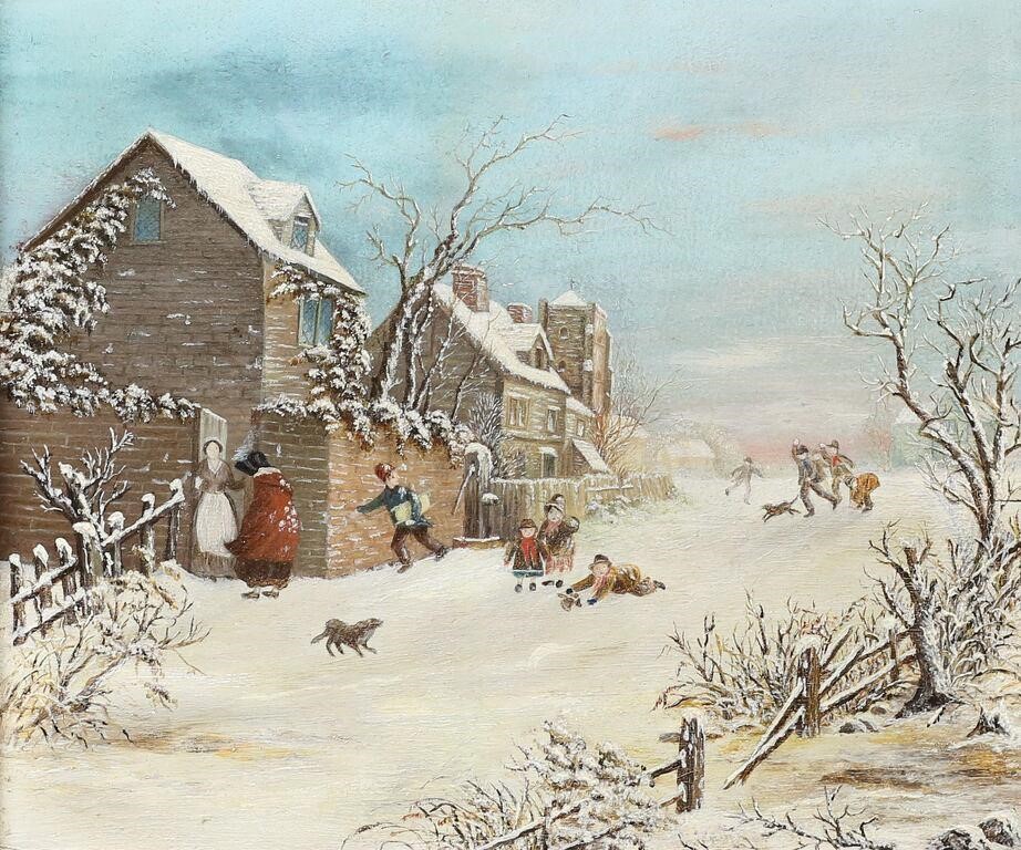 OIL ON BOARD VILLAGE WINTER LANDSCAPEOil