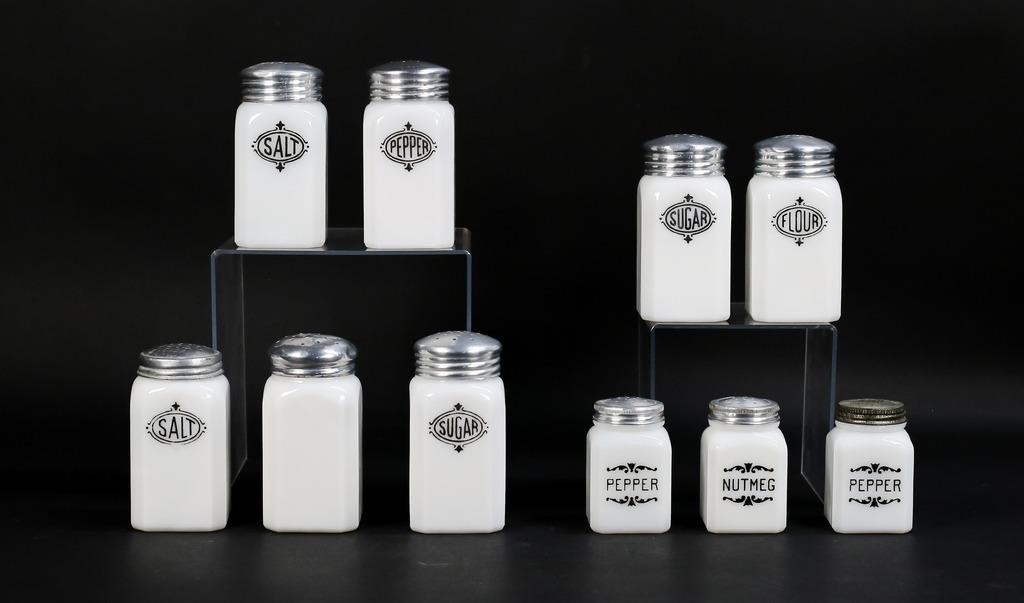 10 DEPRESSION ERA MILK GLASS SHAKERS3