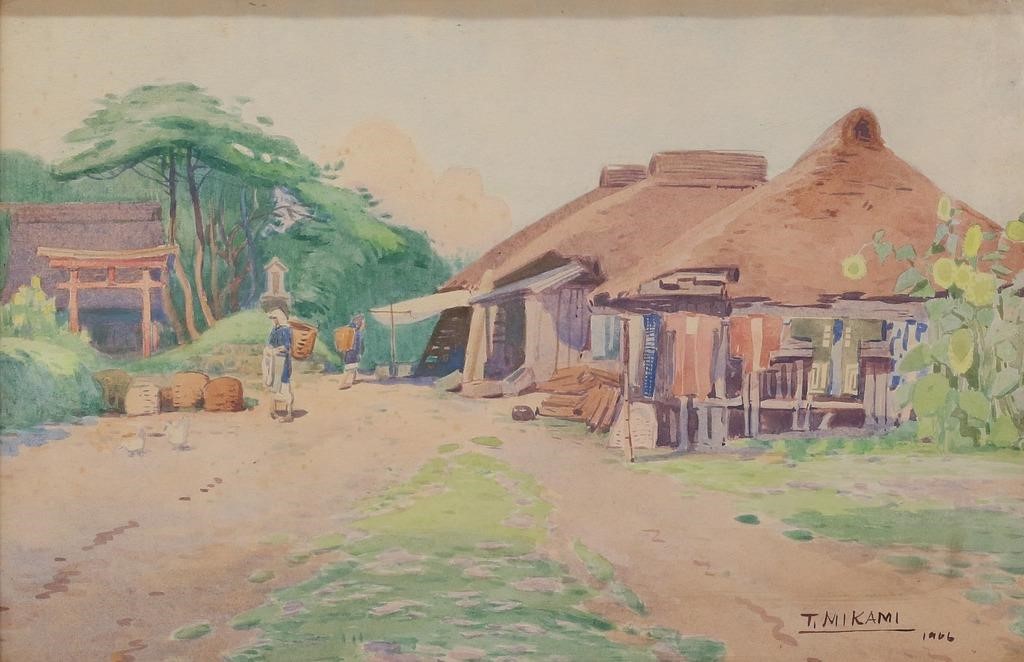 SIGNED MIKAMI WATERCOLOR VILLAGE