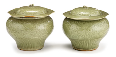 Pair of large Chinese carved celadon