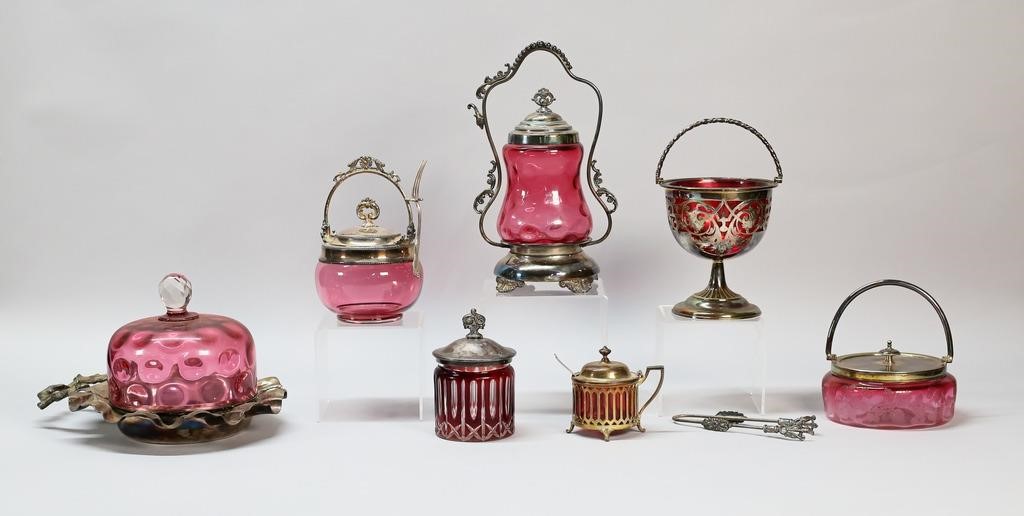 7 PIECES CRANBERRY GLASS WITH SILVERPLATE