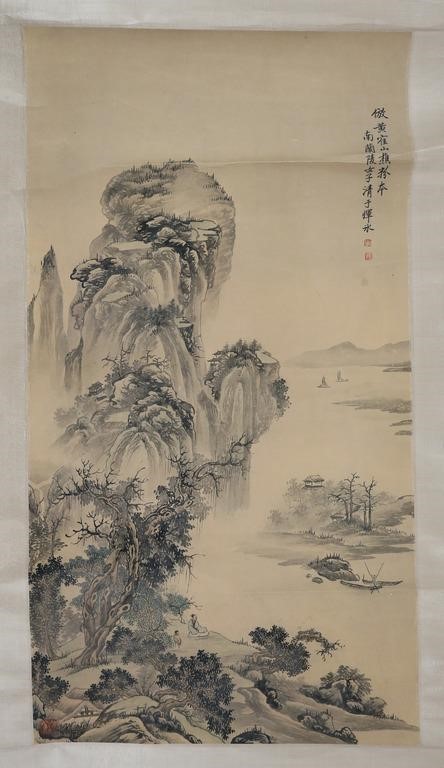 CHINESE SCROLL ON PAPER RIVER LANDSCAPEChinese