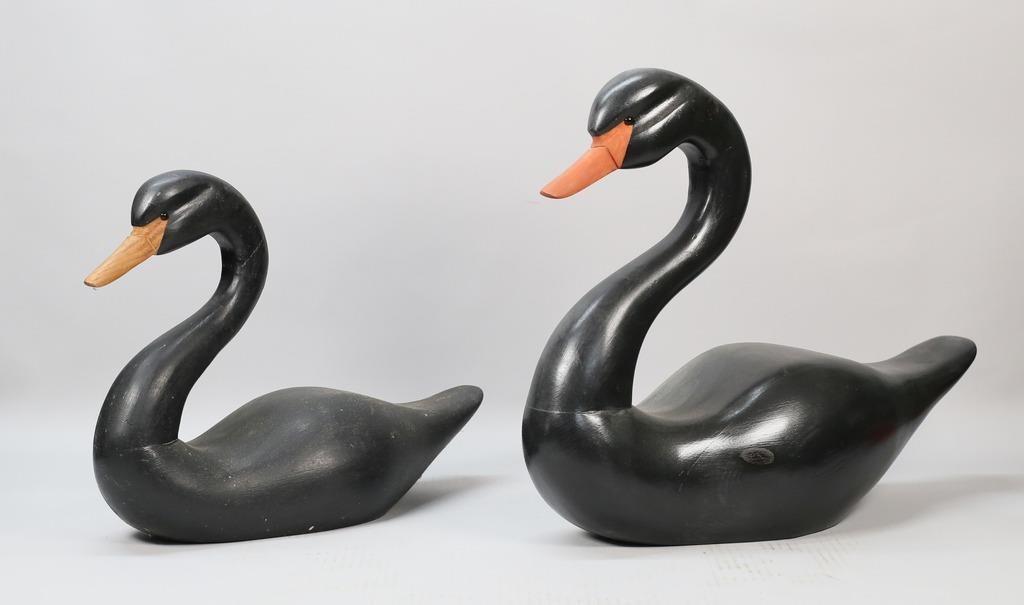 PAIR OF CARVED WOODEN BLACK SWANSPair