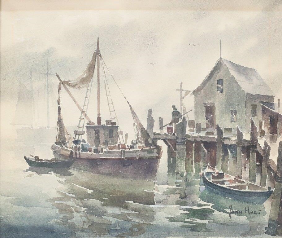 JOHN HARE WATERCOLOR HARBOR SCENEJohn