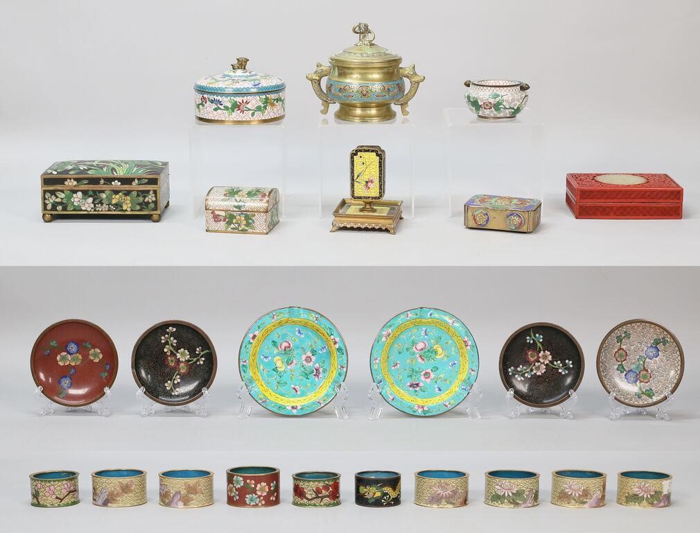 24 PIECES CHINESE CLOISONNE, CHAMPLEVE,