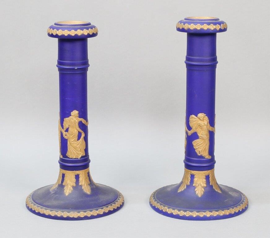 PAIR OF DUDSON CORONET JASPERWARE CANDLESTICKSPair