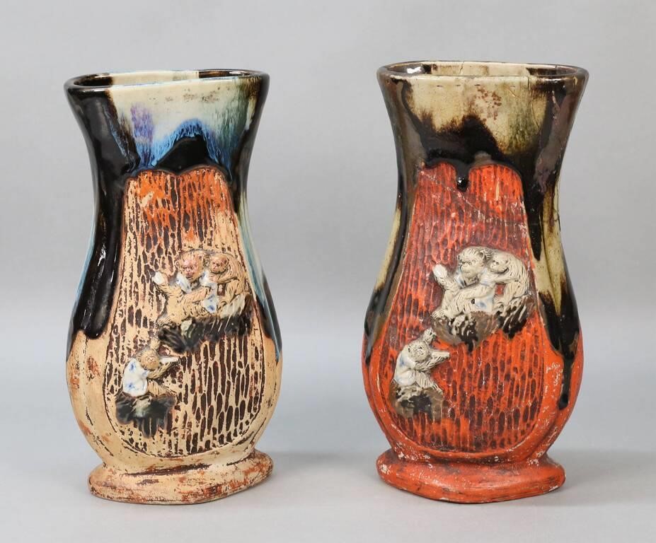 PAIR OF SUMIDA POTTERY VASES MONKEYS2 2fe8ca