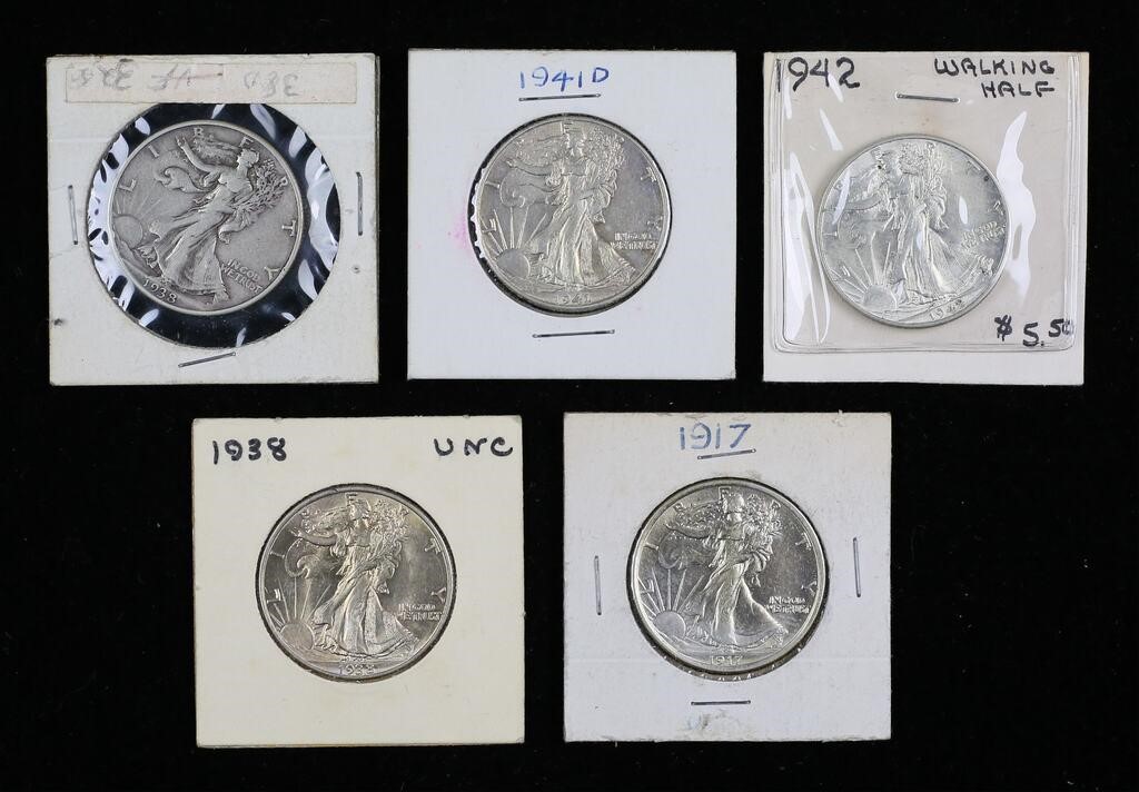 5 WALKING LIBERTY HALF DOLLARS1-1917