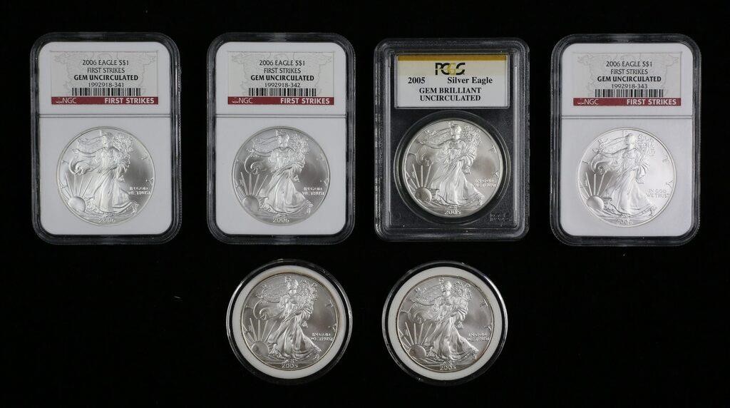 6 US SILVER EAGLES COINS SOME GRADED3  2fe981