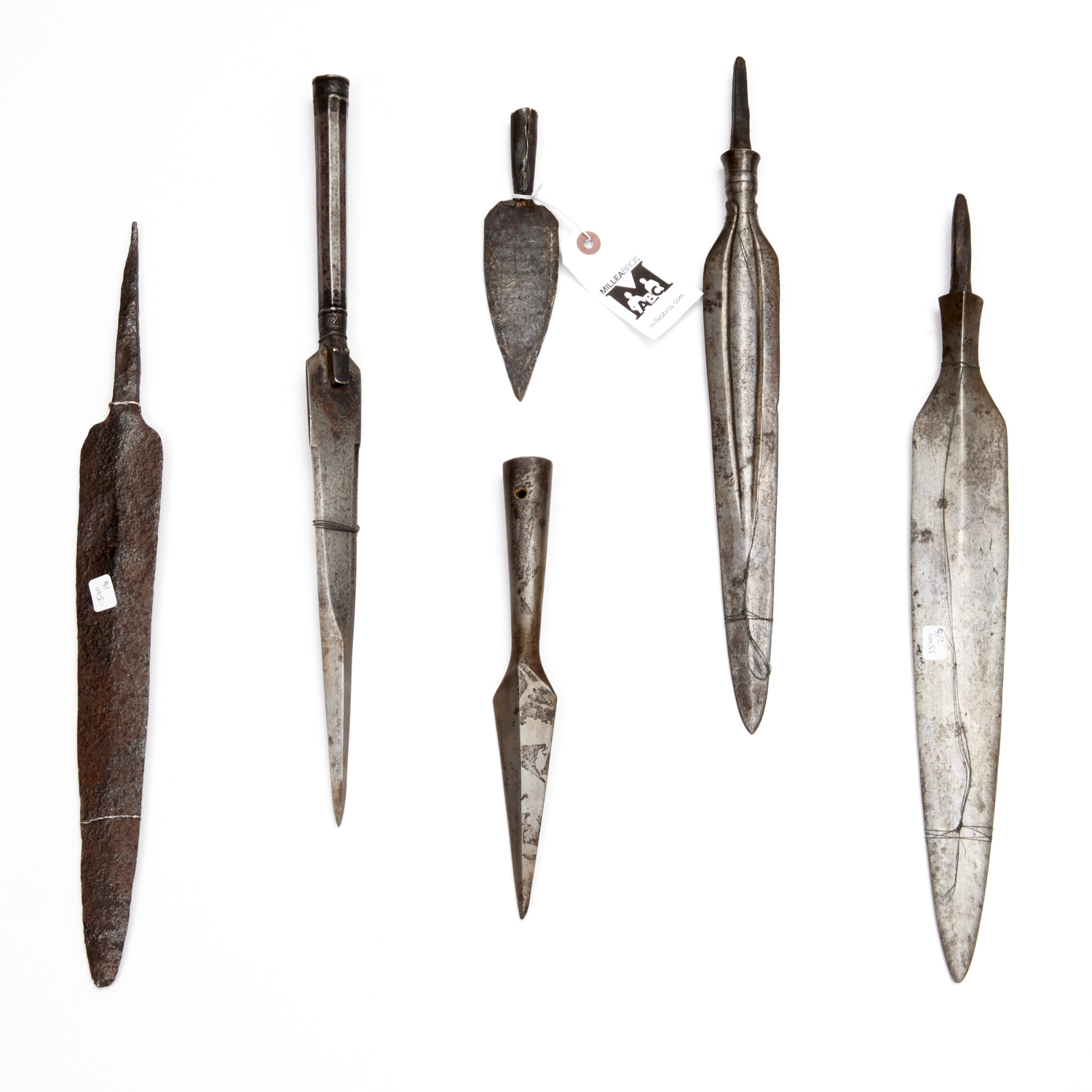(6) ANTIQUE FORGED IRON SPEAR HEADS,