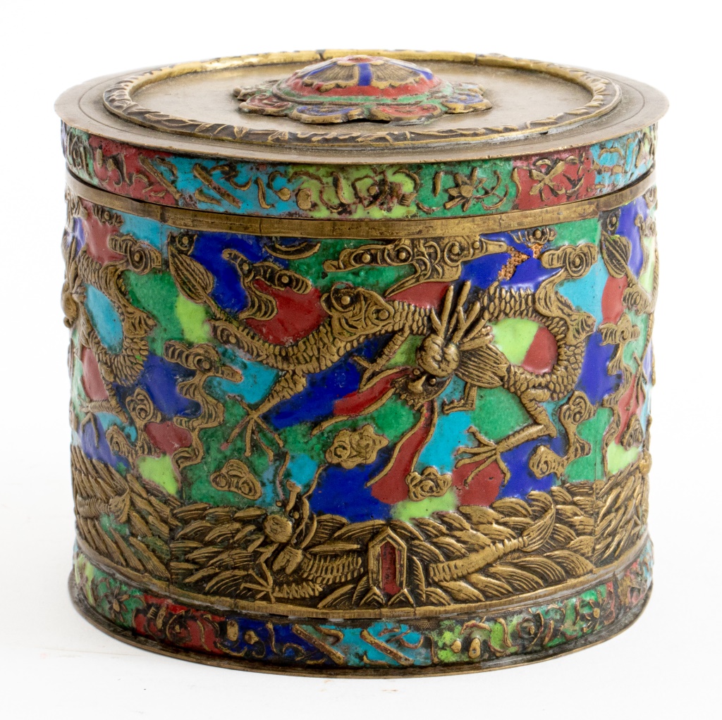 CHINESE ENAMELED BRASS TEA CADDY