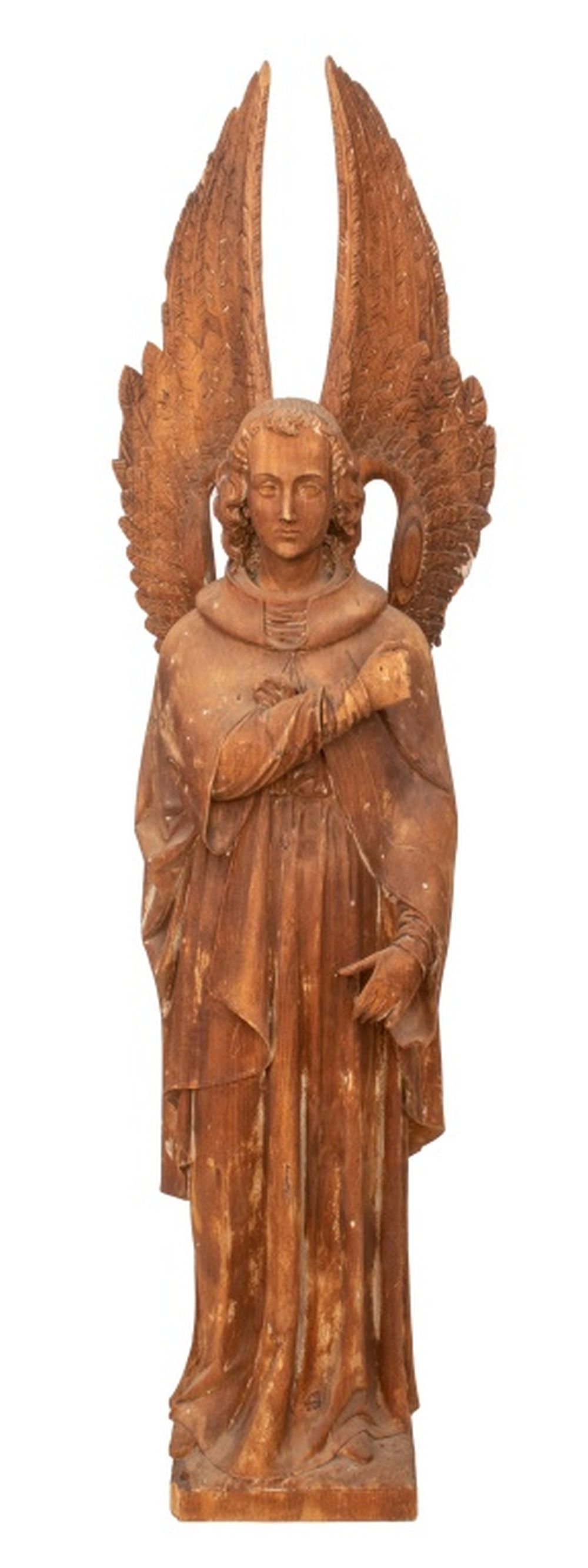 ANTIQUE CARVED WOOD ANGEL SCULPTURE,