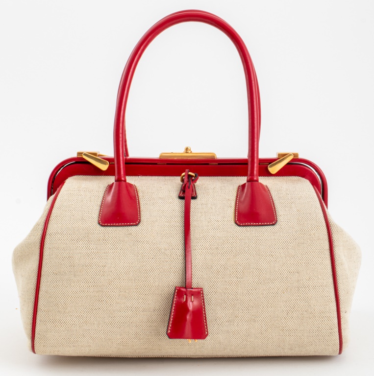 PRADA RED LEATHER CANVAS HANDBAG 2fcb1e