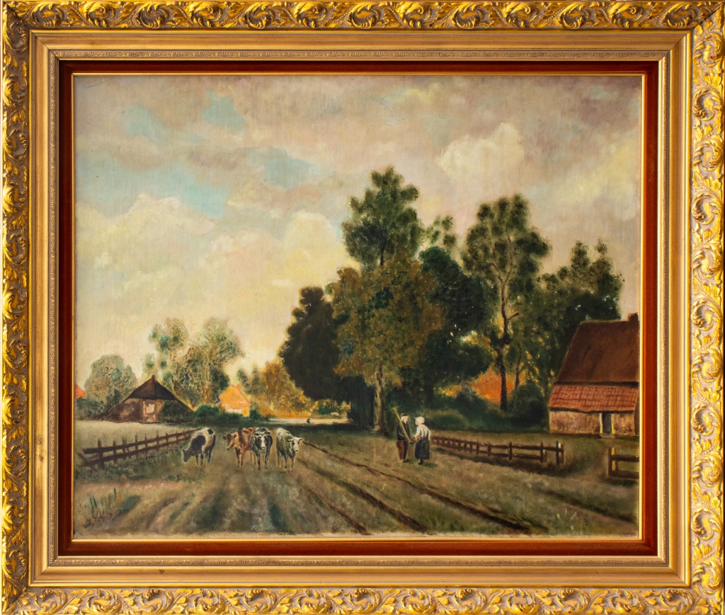 FARM LANDSCAPE WITH COWS OIL ON