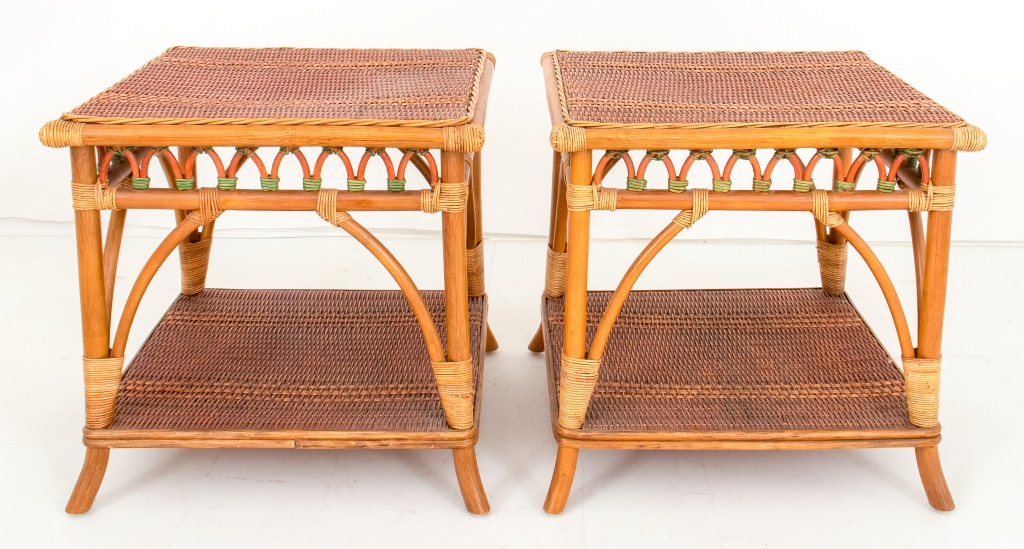 SQUARE RED AND NATURAL WICKER TABLES,