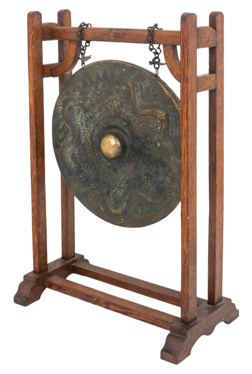 JAPANESE BRONZE GONG ON OAK STAND