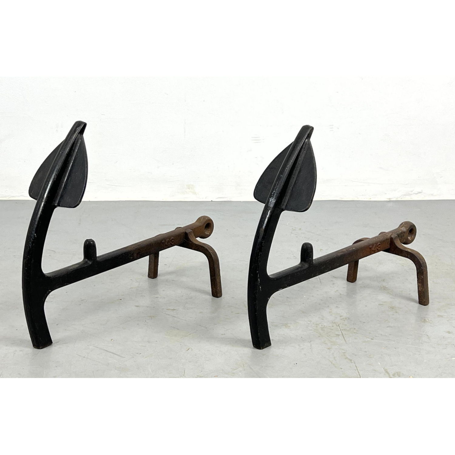 Pr Black Iron Spade form Andirons. Fireplace