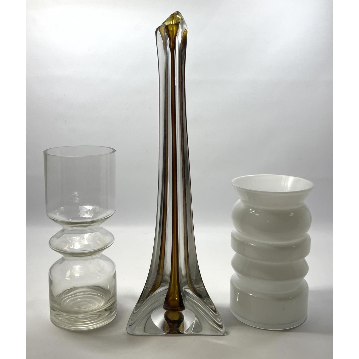 3pc Modern Glass Vases. Tall Cased