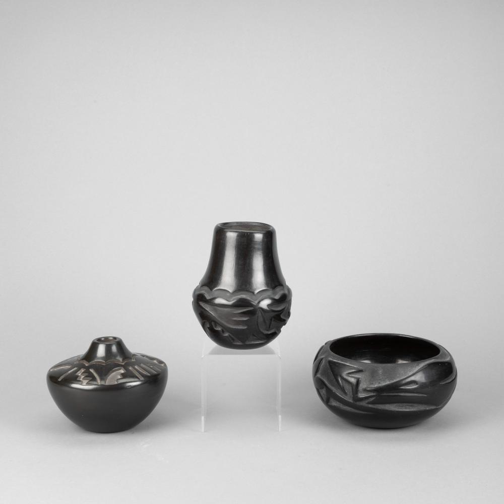 SANTA CLARA, GROUP OF THREE CARVED BLACKWARE