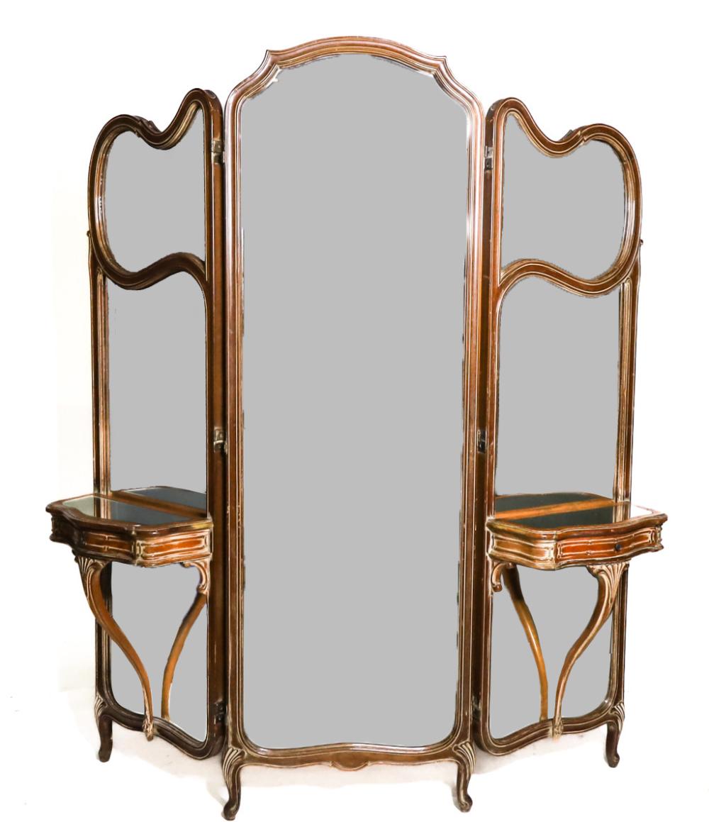 FRENCH TRI-FOLD, DRESSING MIRROR W/DRAWERSVintage