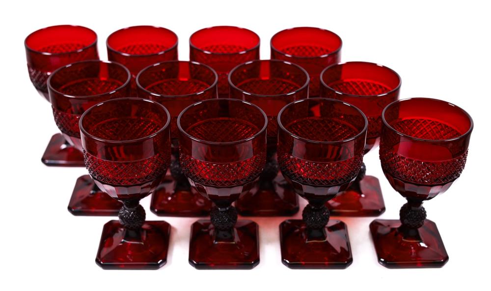 GROUP, 12 RUBY RED PRESSED GLASS