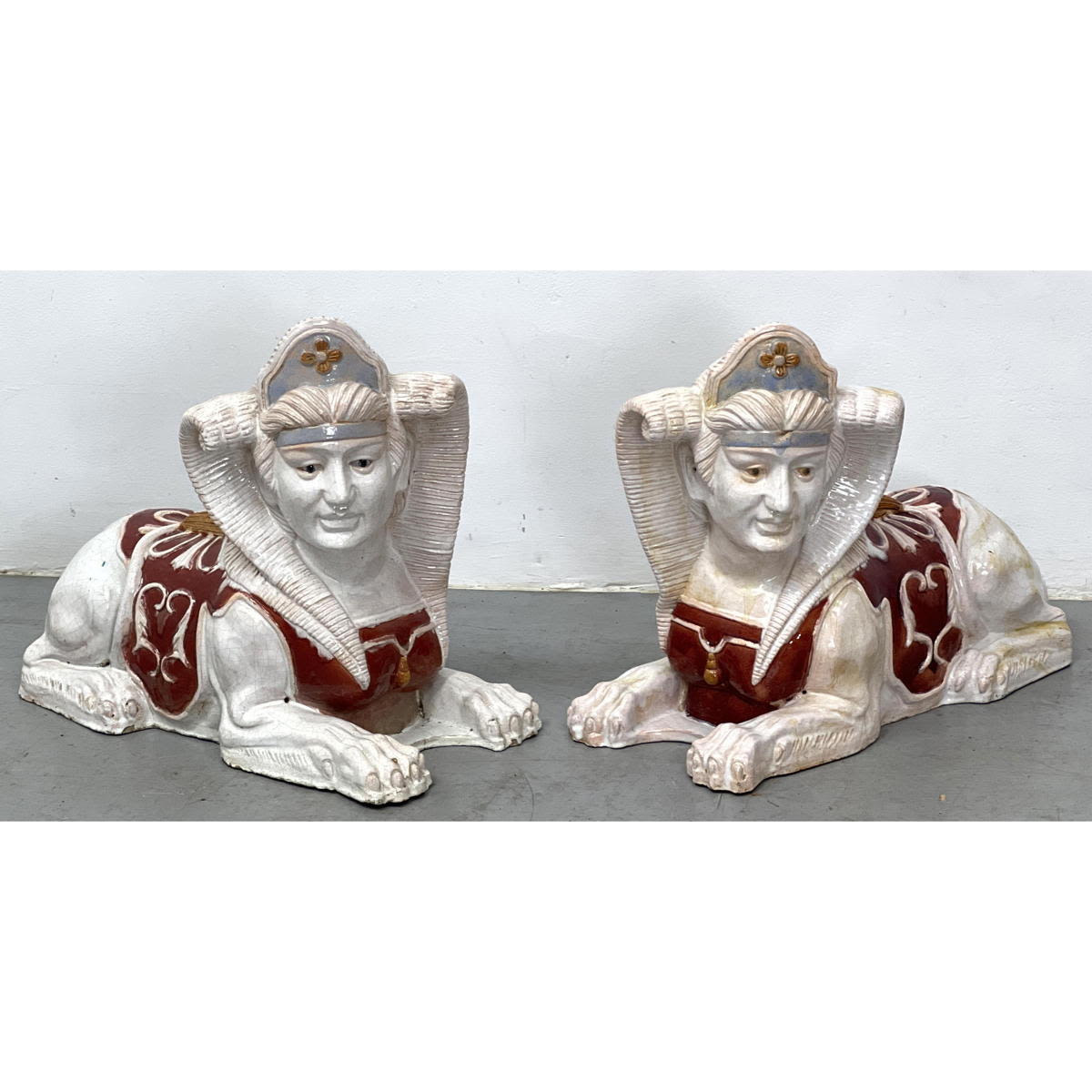 Pair Pottery Sphinx figures Unsigned  300452