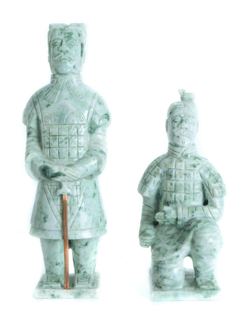 TWO CHINESE GREEN JADE CARVED WARRIORSTwo