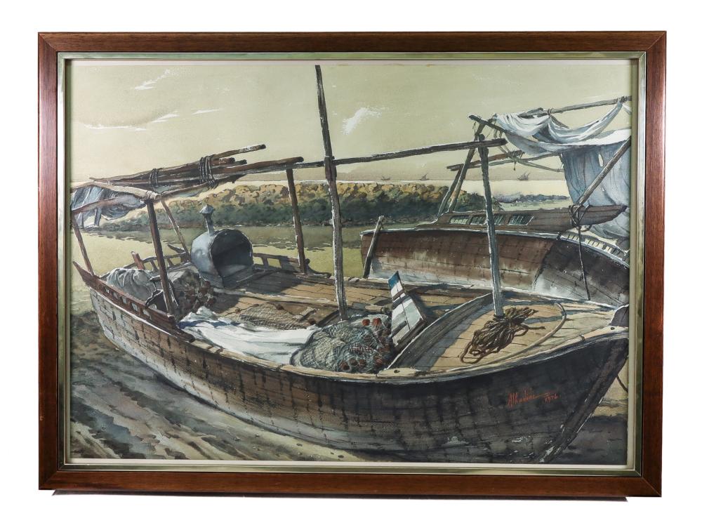 VINTAGE WATERCOLOR MOORED BOAT 30053b