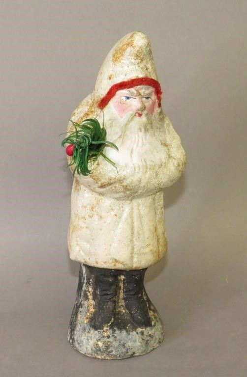 GERMAN PAPIER MACHE SANTA IN WHITE HOODED