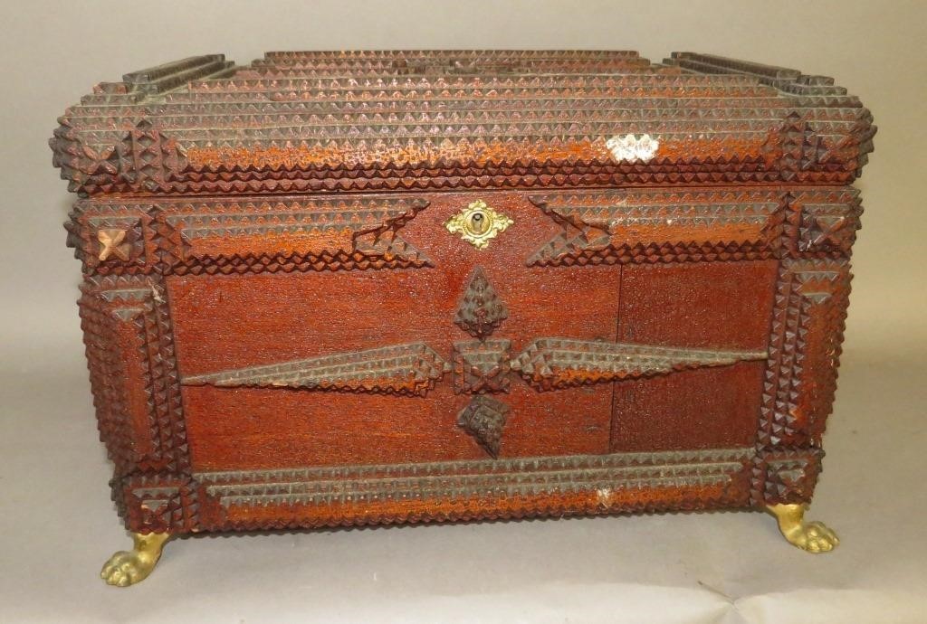 TRAMP ART TYPE SEWING BOX ON CLAW