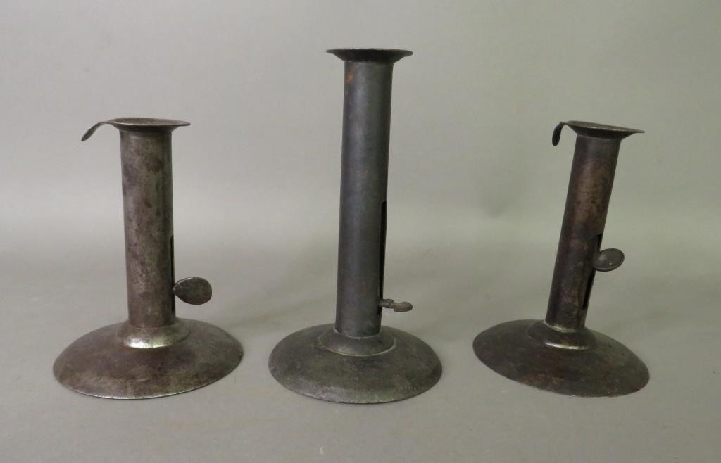 3 WROUGHT IRON HOG SCRAPER CANDLESTICKSca.