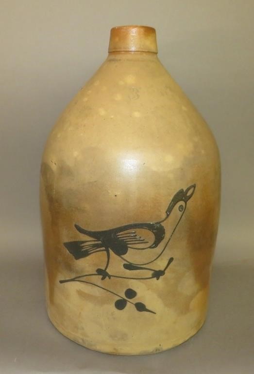 3 GALLON COBALT BIRD STONEWARE JUGca.