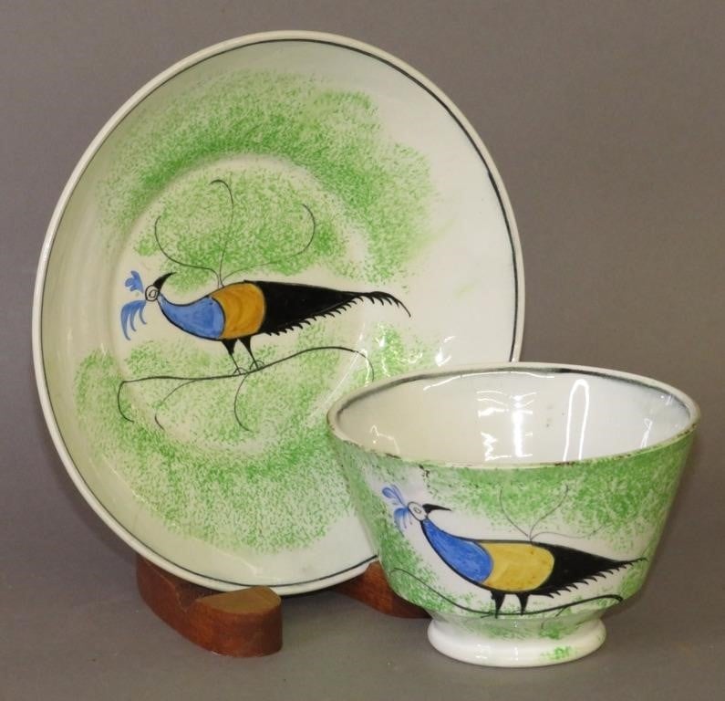 GREEN SPATTER PEAFOWL PATTERN CUP AND