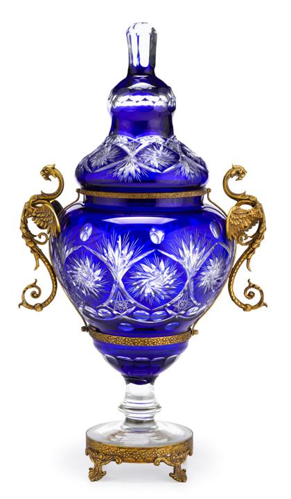 Large Bohemian blue-flash glass covered