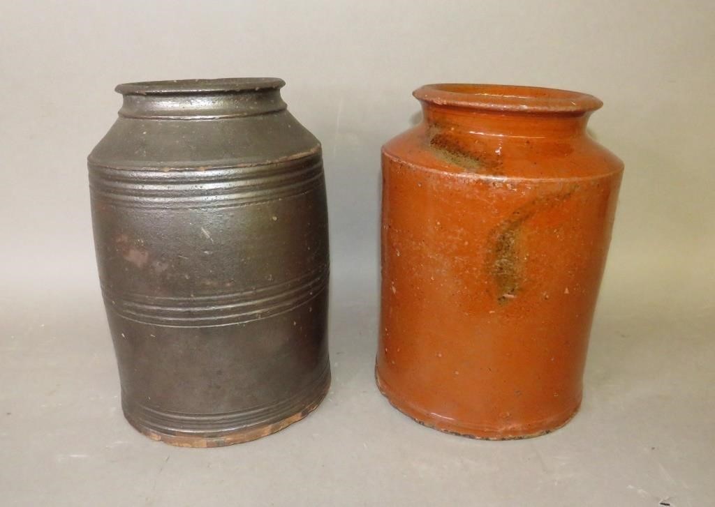 2 PA CYLINDRICAL REDWARE JARS WITH