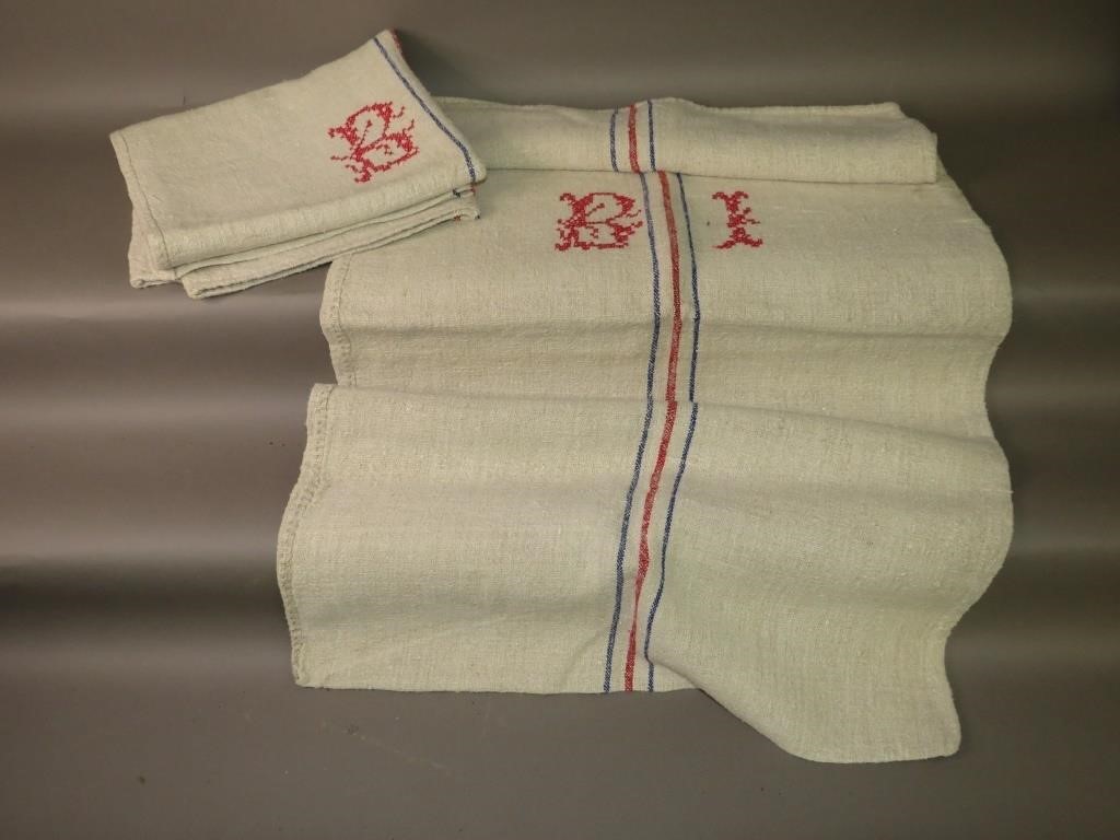PAIR OF INITIALED EMBROIDERED HOMESPUN