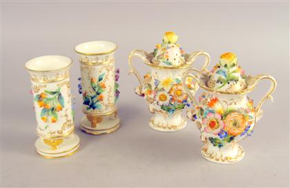 Four English floral encrusted porcelain