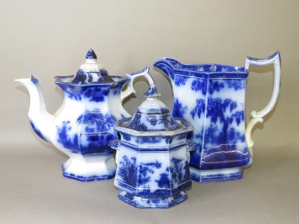 3 FLOW BLUE HOLLOWWARE ITEMSca. 1850